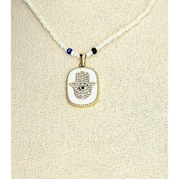 Handmade White Hamsa Necklace Pendant CZ Pave Bead Adjustable Gold Plated Chain - Picture 3 of 5